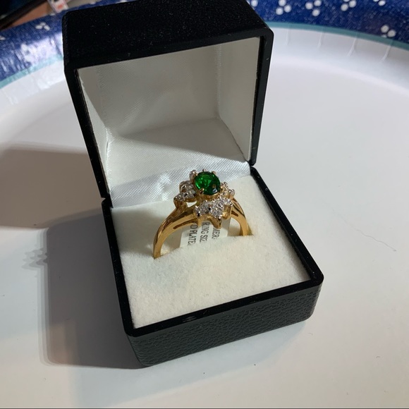 SYN EMERALD CLUSTER CZ GOLD PL RING SZ 10 14KT - Picture 5 of 16